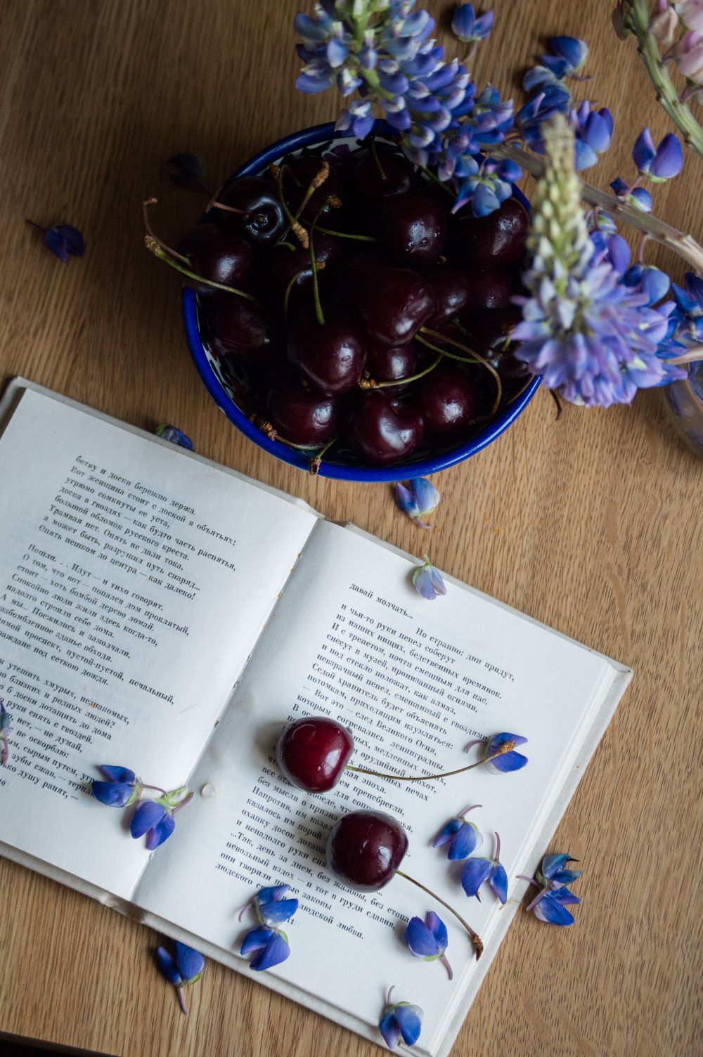 Book with cherries and flower