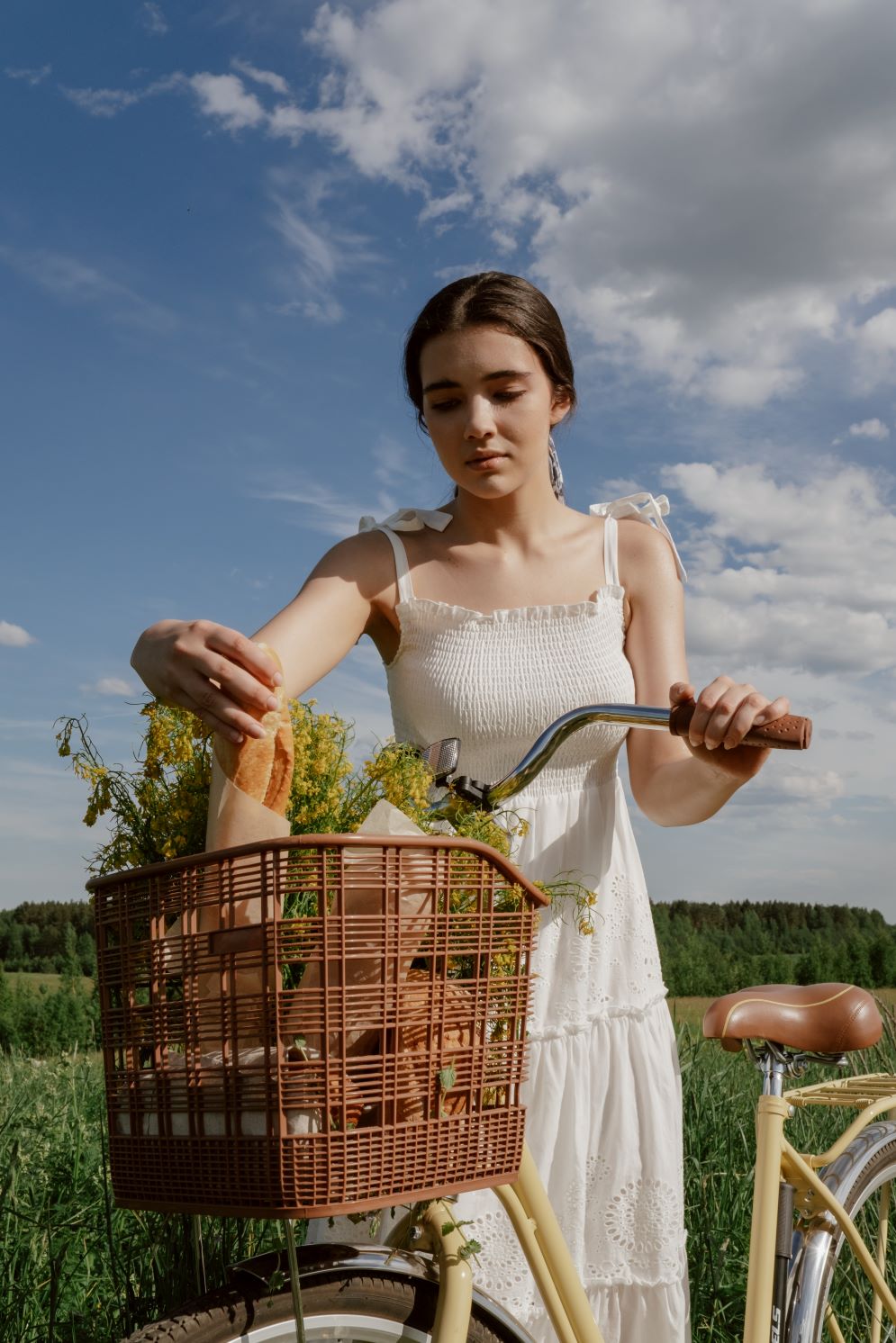 women with bicycle and food in basket