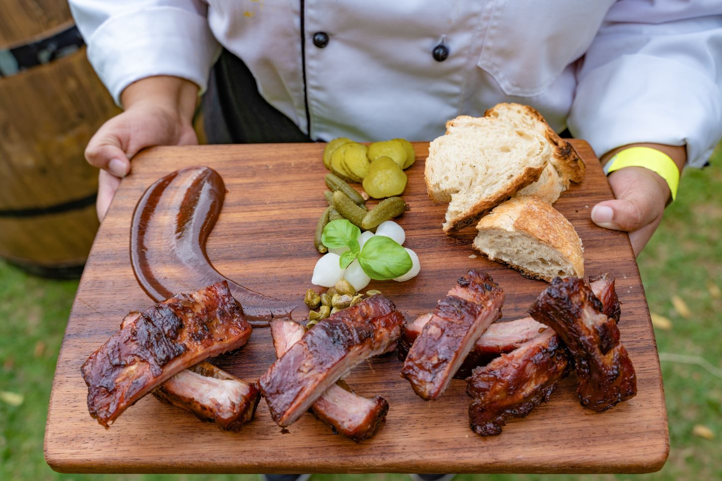 grilled meat on wooden platter