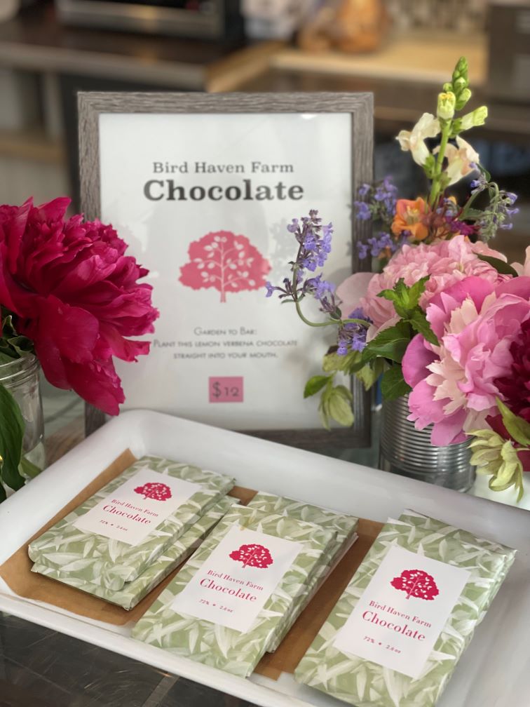 chocolate on plate with peonies