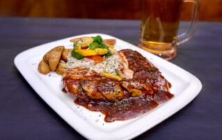 platter of food with beer