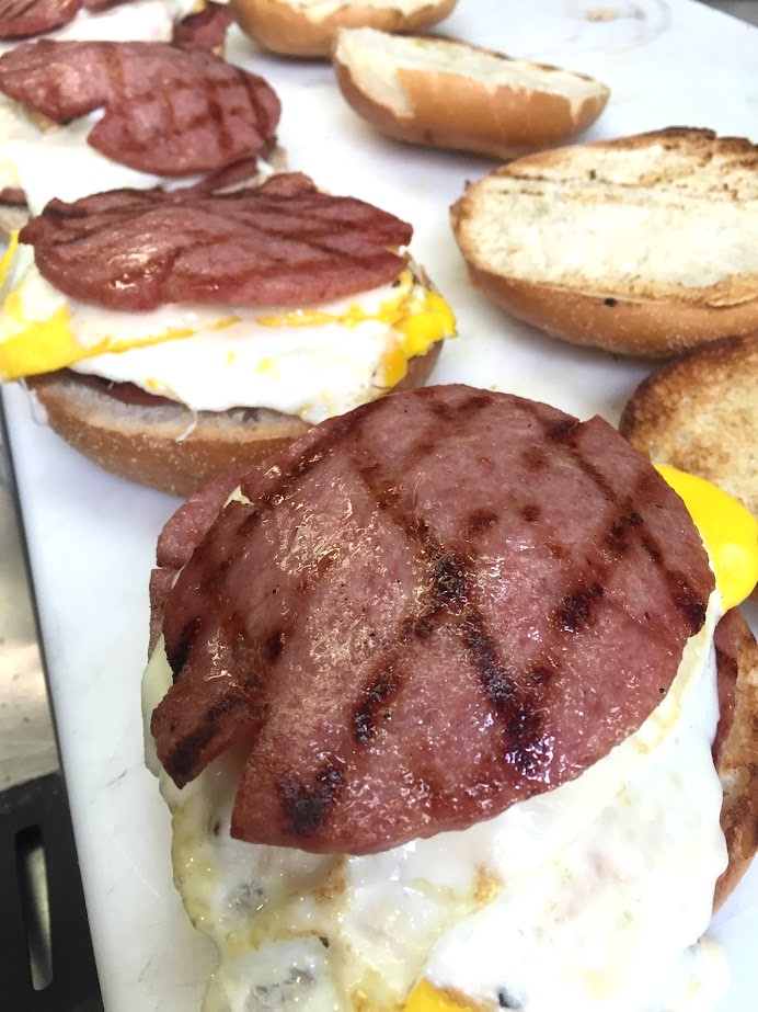 porkroll on egg sandwich