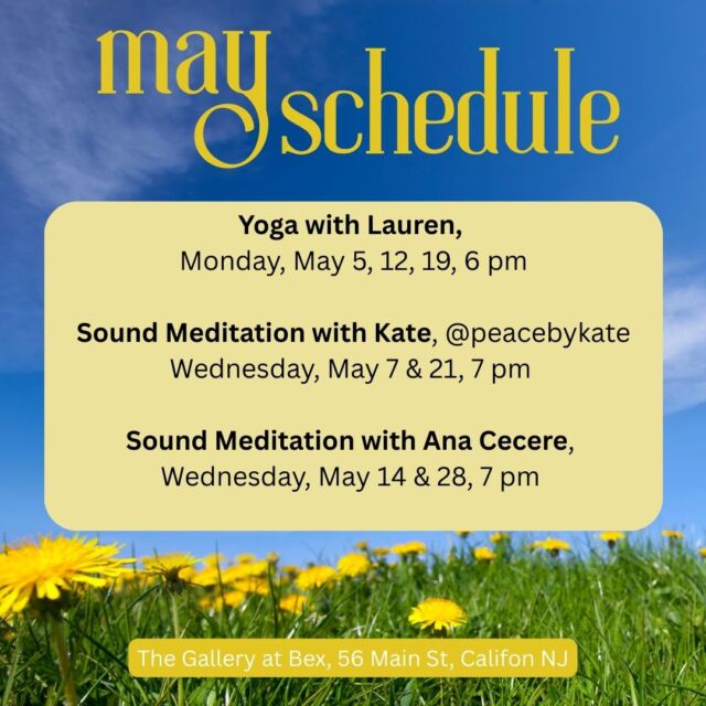 Wellness at The Gallery at Bex 

Join us in the heart of our creative space for weekly wellness sessions designed to nourish body, mind, and spirit, located at 56 Main Street in Califon. 

Wednesday Sound Meditations
Led by two experienced instructors, these immersive sound journeys use healing tones and vibrations to help you unwind, release tension, and reconnect.
🕖 Wednesdays | 7 PM

Monday Yoga with Lauren
Flow into your week with mindful movement and breath. Lauren leads an all-levels yoga class to ground your energy and open your body.
🕕 Mondays | 6 PM

Come for the calm, stay for the community.
Bring your mat, your curiosity, and your presence. 
All are welcome.
To register, visit the links on our website, www.bexkitchen.com 

#TheGalleryAtBex #SoundMeditation #YogaWithLauren #CommunityWellness #MindfulMonday #WellnessWednesday